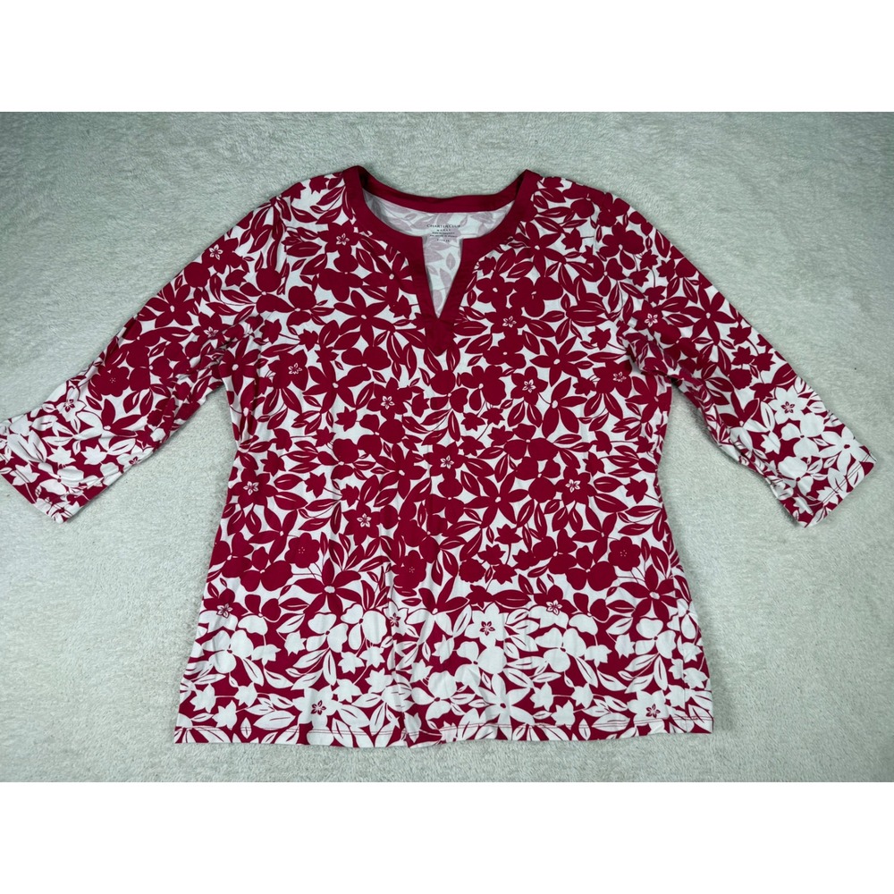 Charter Club Top Women 2X Red Excellent Floral Split Neck 3/4 Sleeve Casual